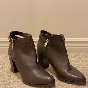 Chunky brown leather heel ankle boots
